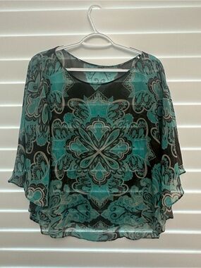 MACYS INC Sheer Teal Medallion Print Blouse - Women's Top